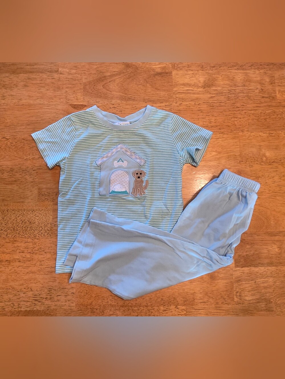 Jelly Beans Blue Striped Puppy Embroidered Pajama Set